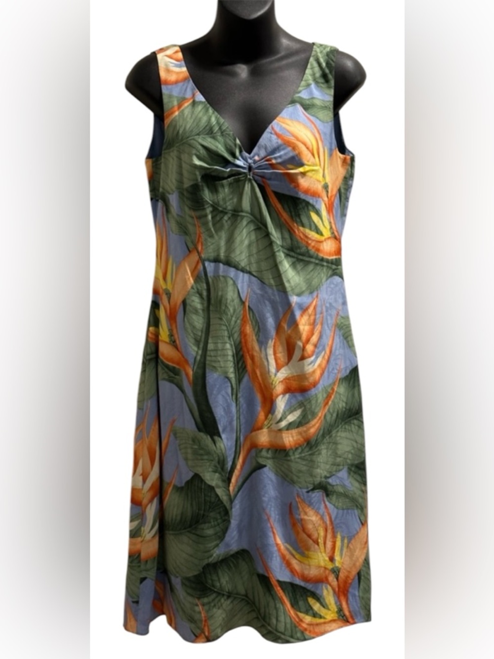 Tommy Bahama 100% silk Blue Floral Midi Dress with Green and Orange Print